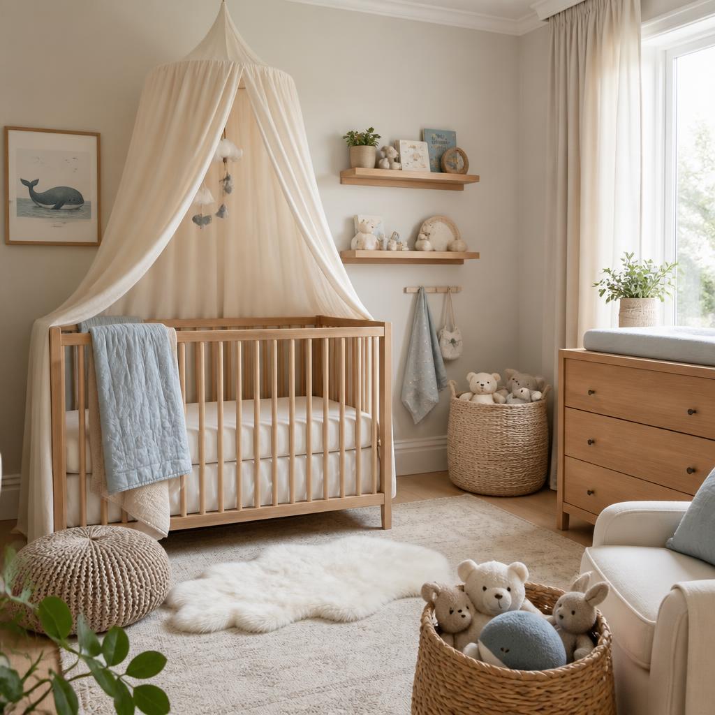 A serene nursery with light oak furniture, cream canopy and soft blue accents