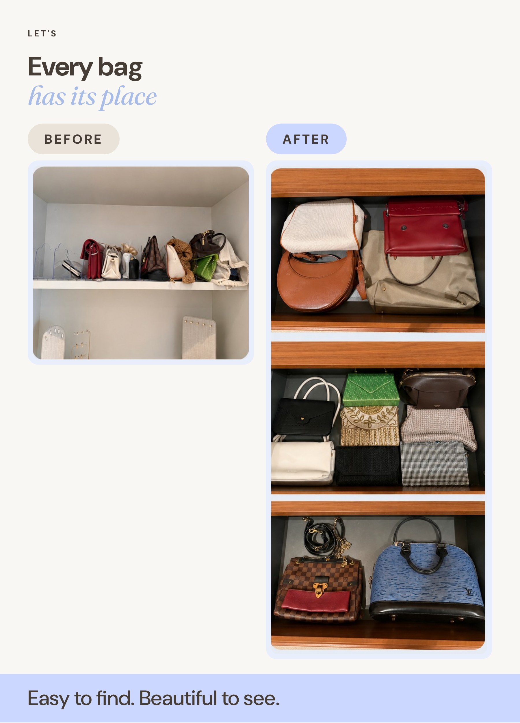 Handbag shelf before and after organising