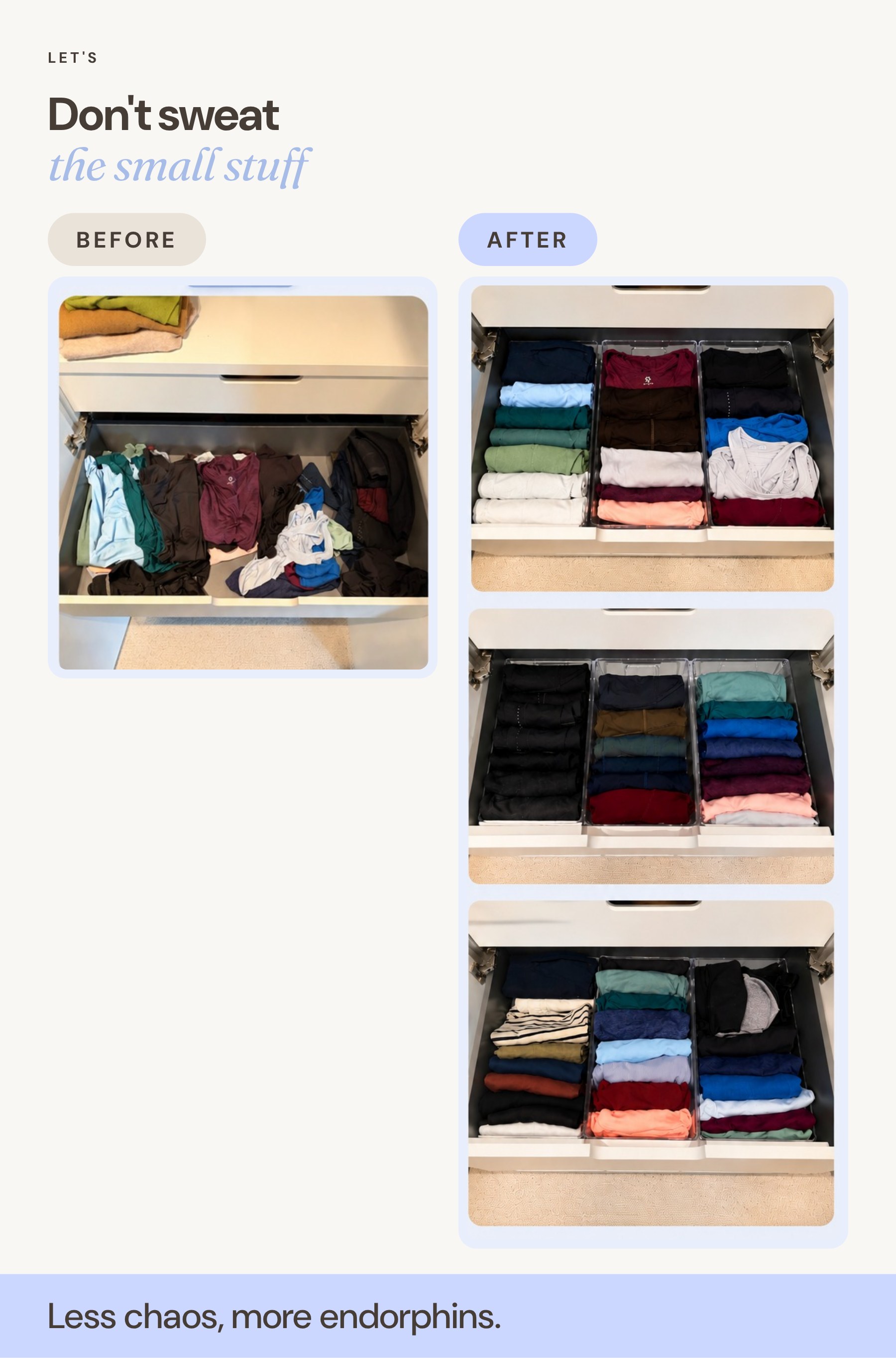 Activewear drawers before and after organising