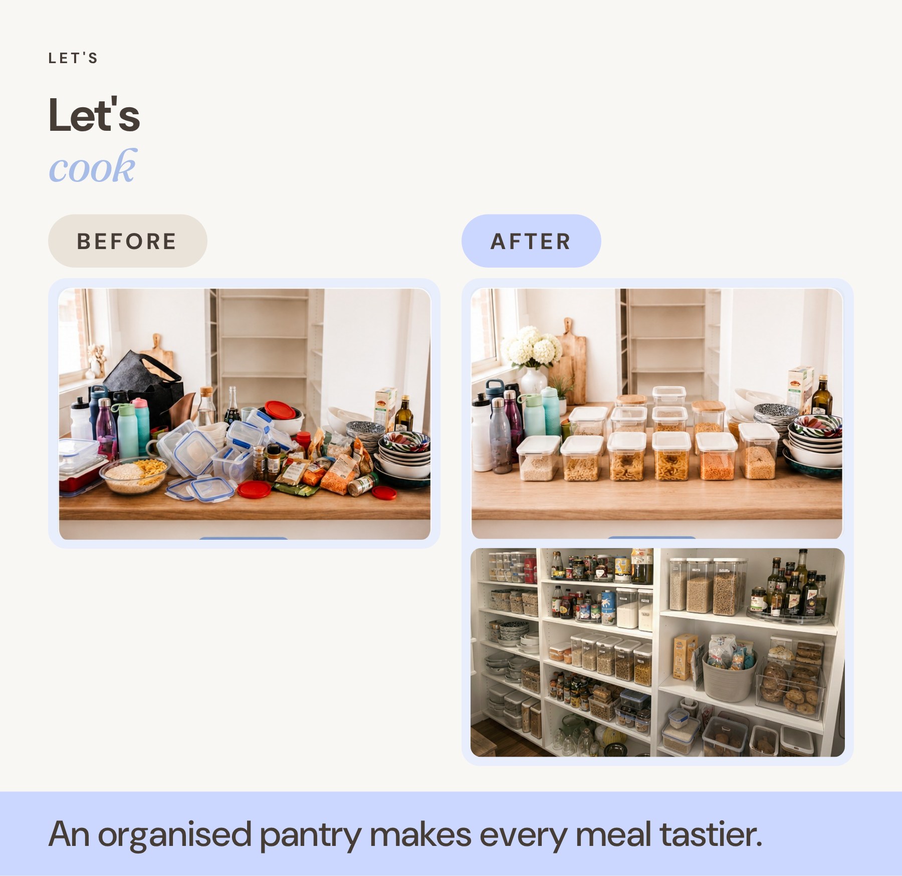 Pantry containers before and after organising