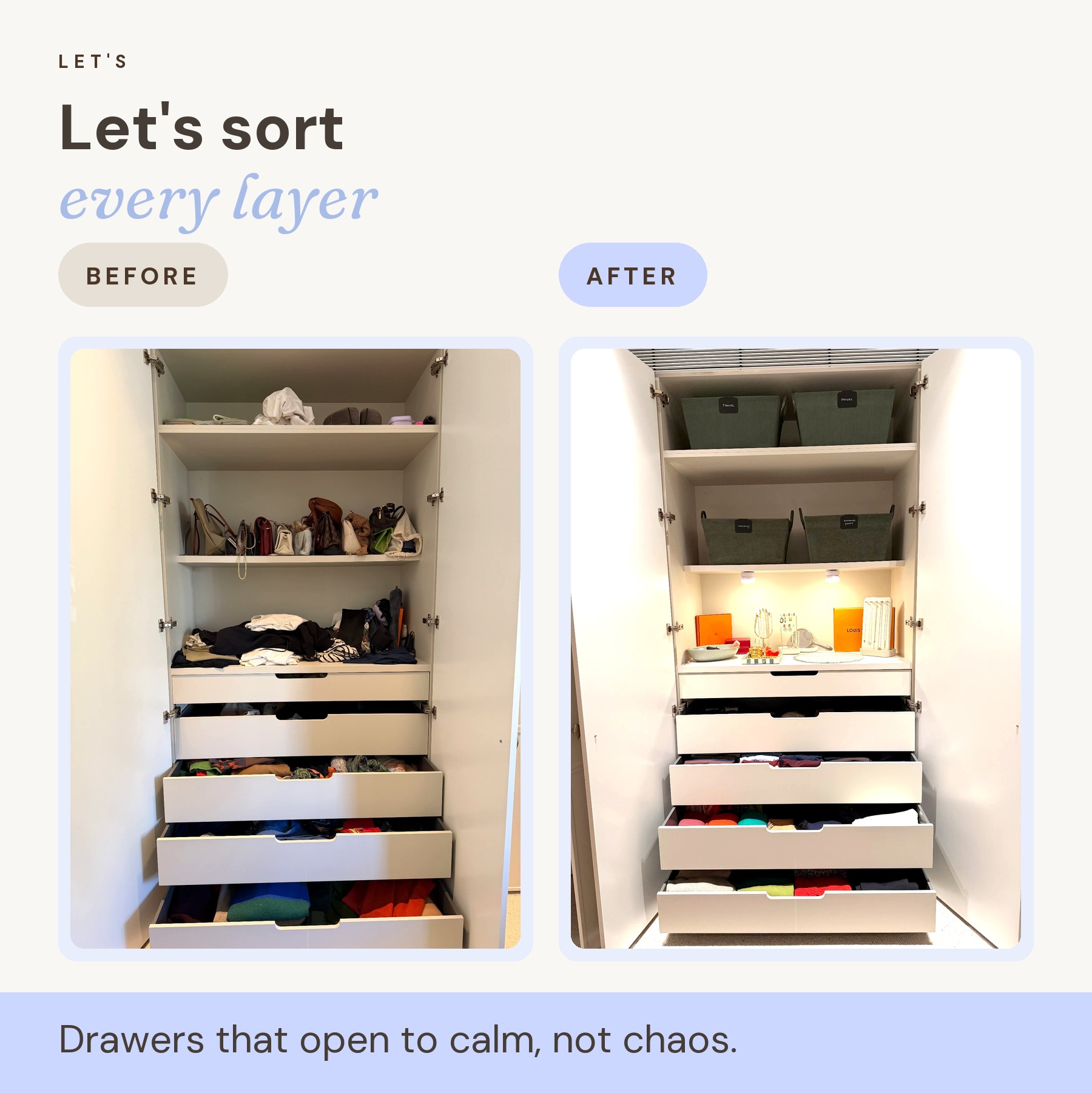 Wardrobe drawers before and after organising