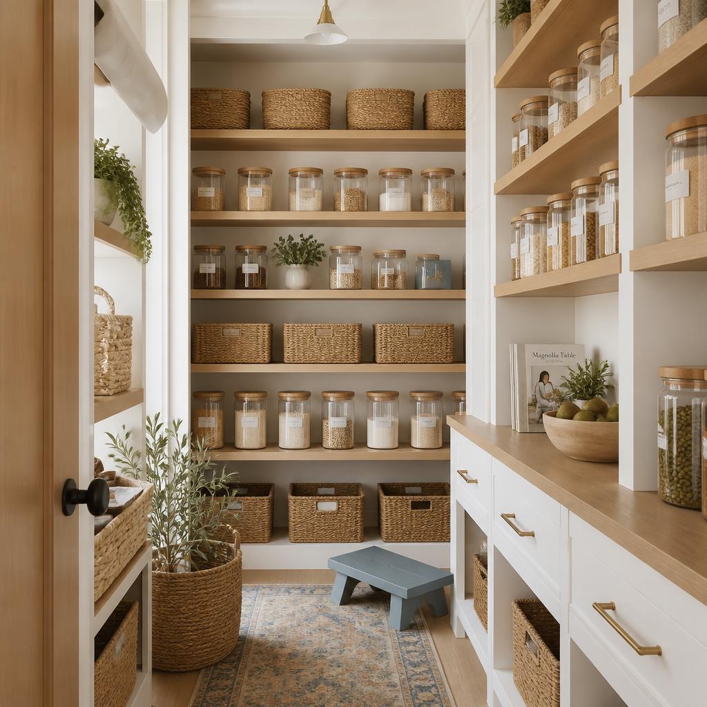A calm, beautifully organised pantry with labelled jars and woven baskets