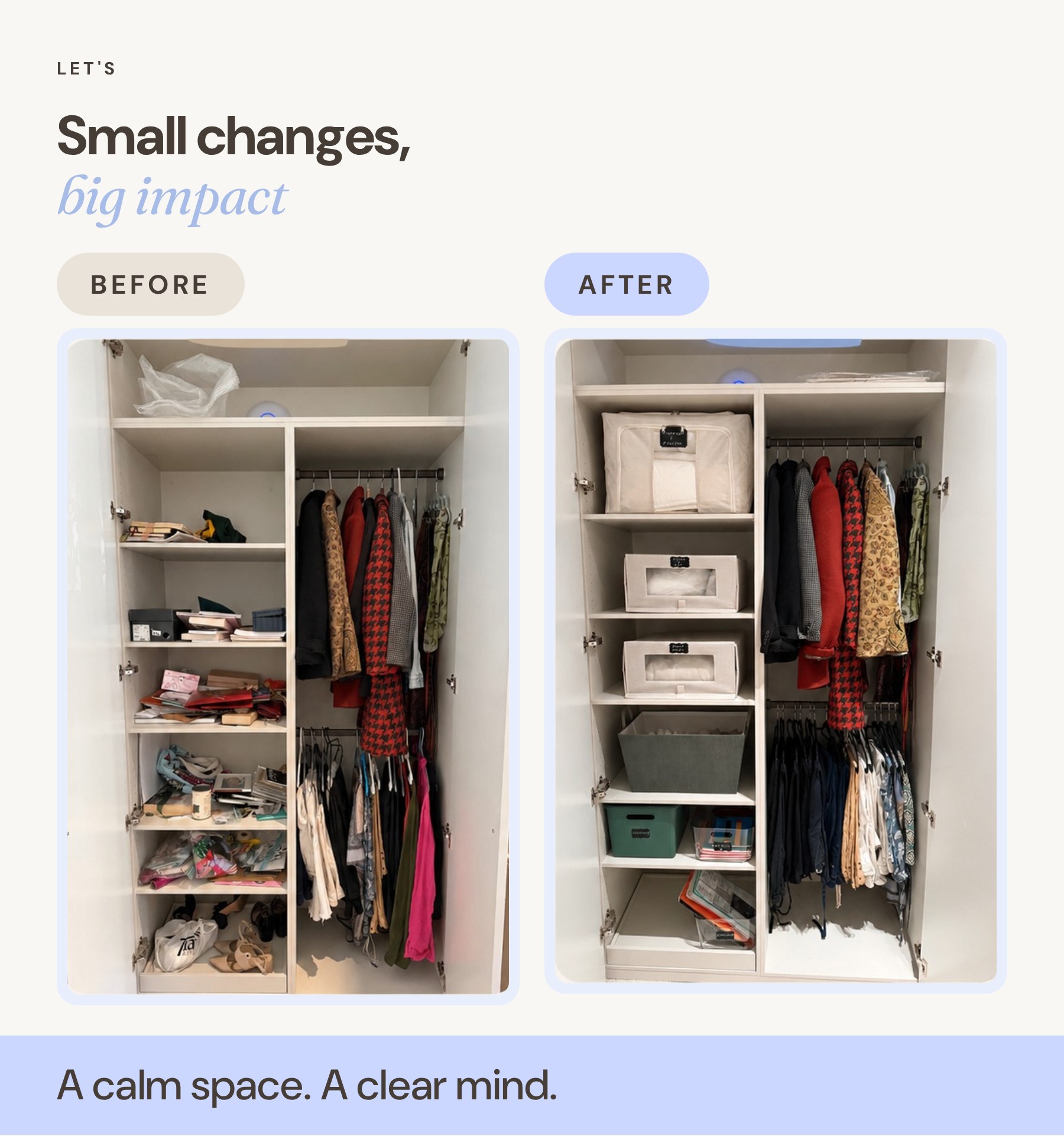 Wardrobe reset before and after organising