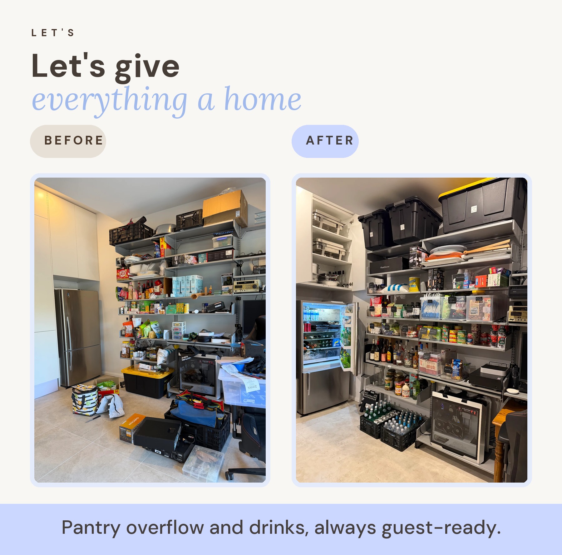 Garage pantry & drinks before and after organising