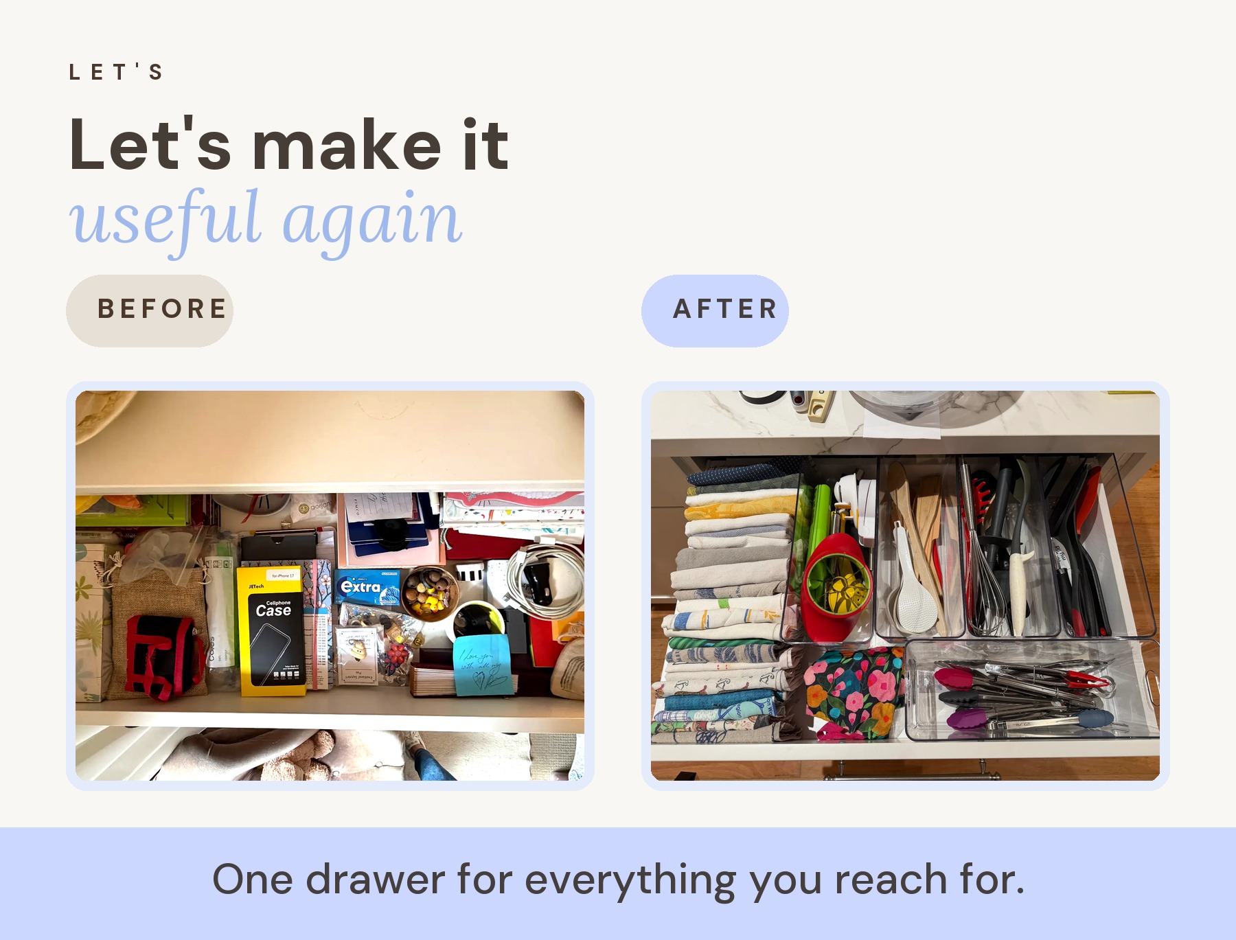 Junk drawer before and after organising