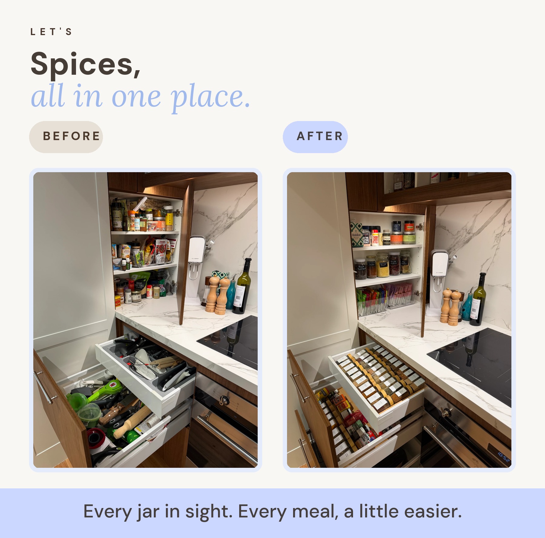Spice drawer before and after organising