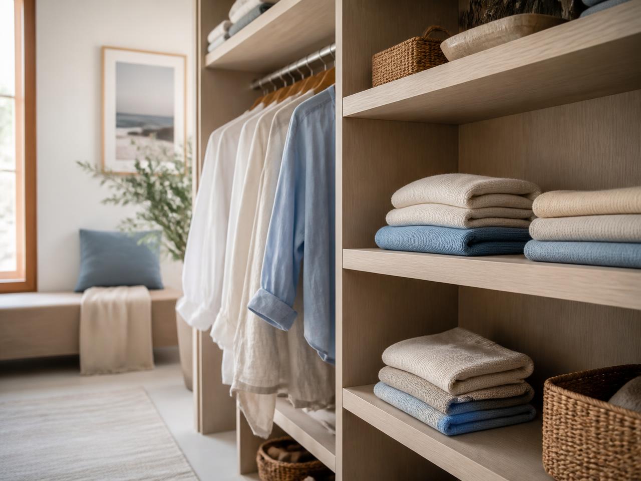 A calm modern wardrobe with folded knits in cream and soft cornflower blue on pale oak shelving