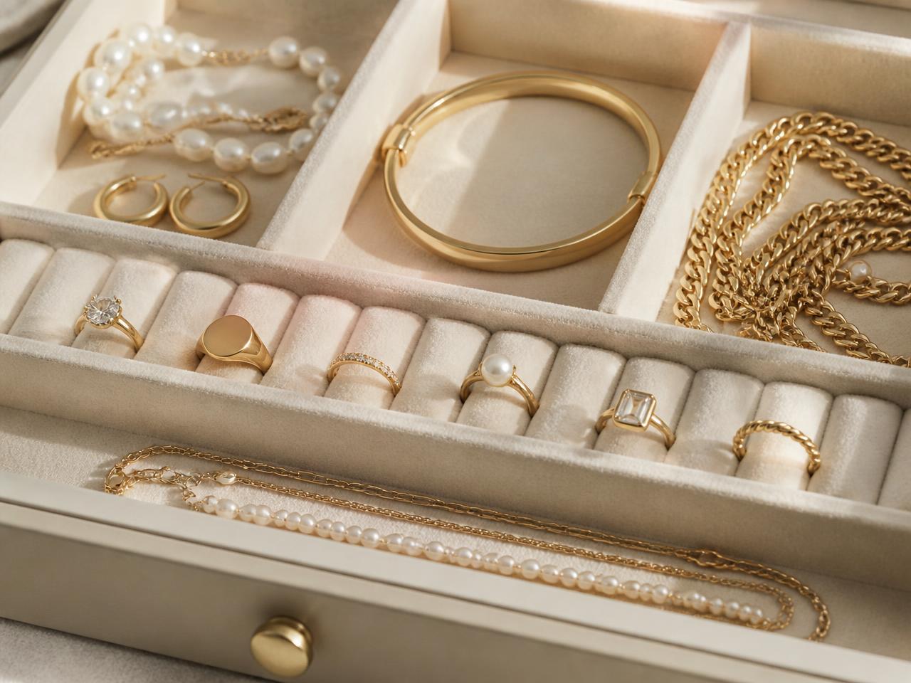 An organised jewellery drawer with rings, gold chains and pearls in cream velvet dividers